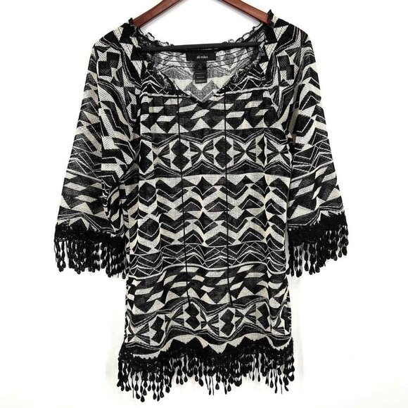 Ali Miles Black White Geometric Semi Sheer Knit Top Tassel Trim S Resort Coverup - Picture 1 of 10